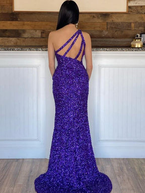 dressimeSequin Prom Dresses Sheath/Mermaid One Shoulder Floor Length With Slit 