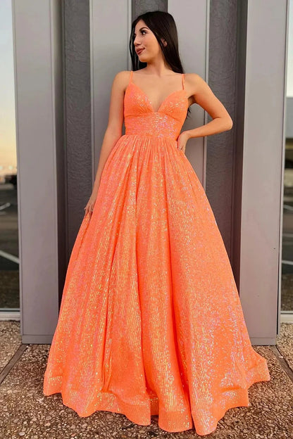 dressimeSequins Spaghetti Straps A-Line Long Prom Dresses 