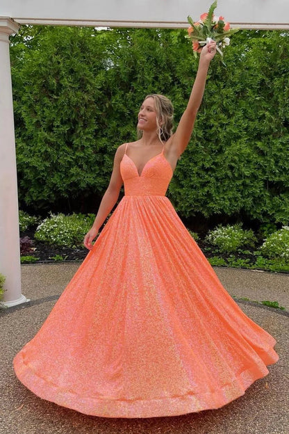 dressimeSequins Spaghetti Straps A-Line Long Prom Dresses 