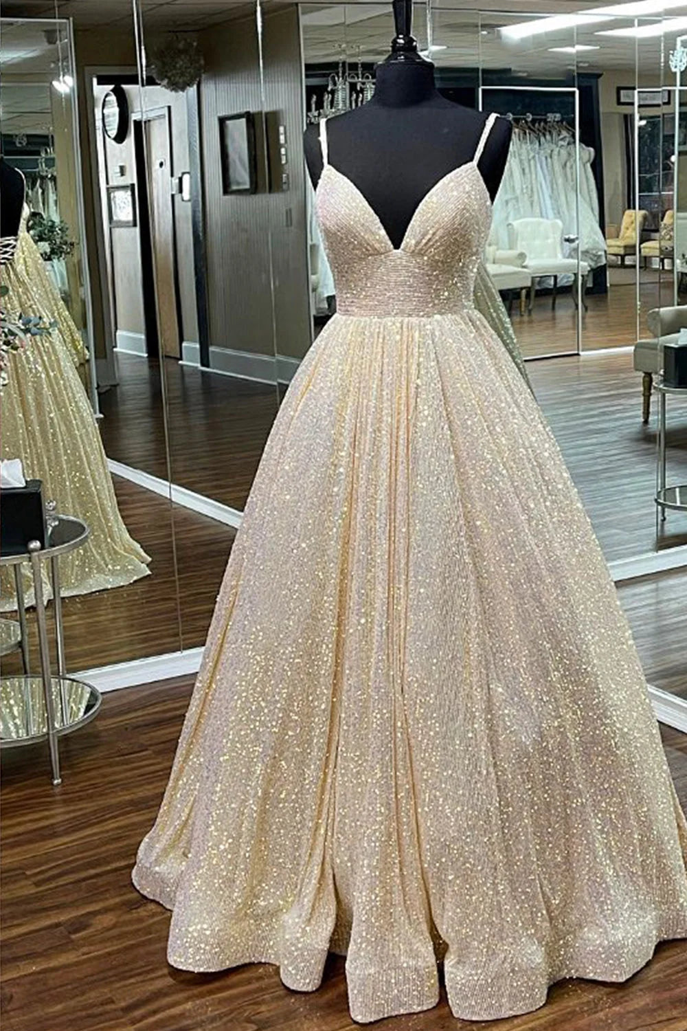 dressimeSequins Spaghetti Straps A-Line Long Prom Dresses 