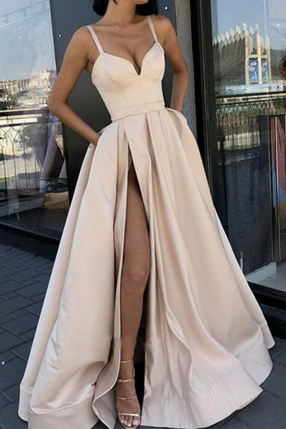 dressimeSexy A line High Slit V Neck Spaghetti Straps Prom Dress Pockets Satin Formal Dress 