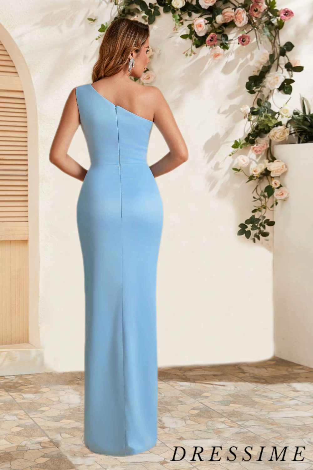 Dressime Sexy Bodycon One Shoulder Satin Long Bridesmaid Dress With Slit dressime