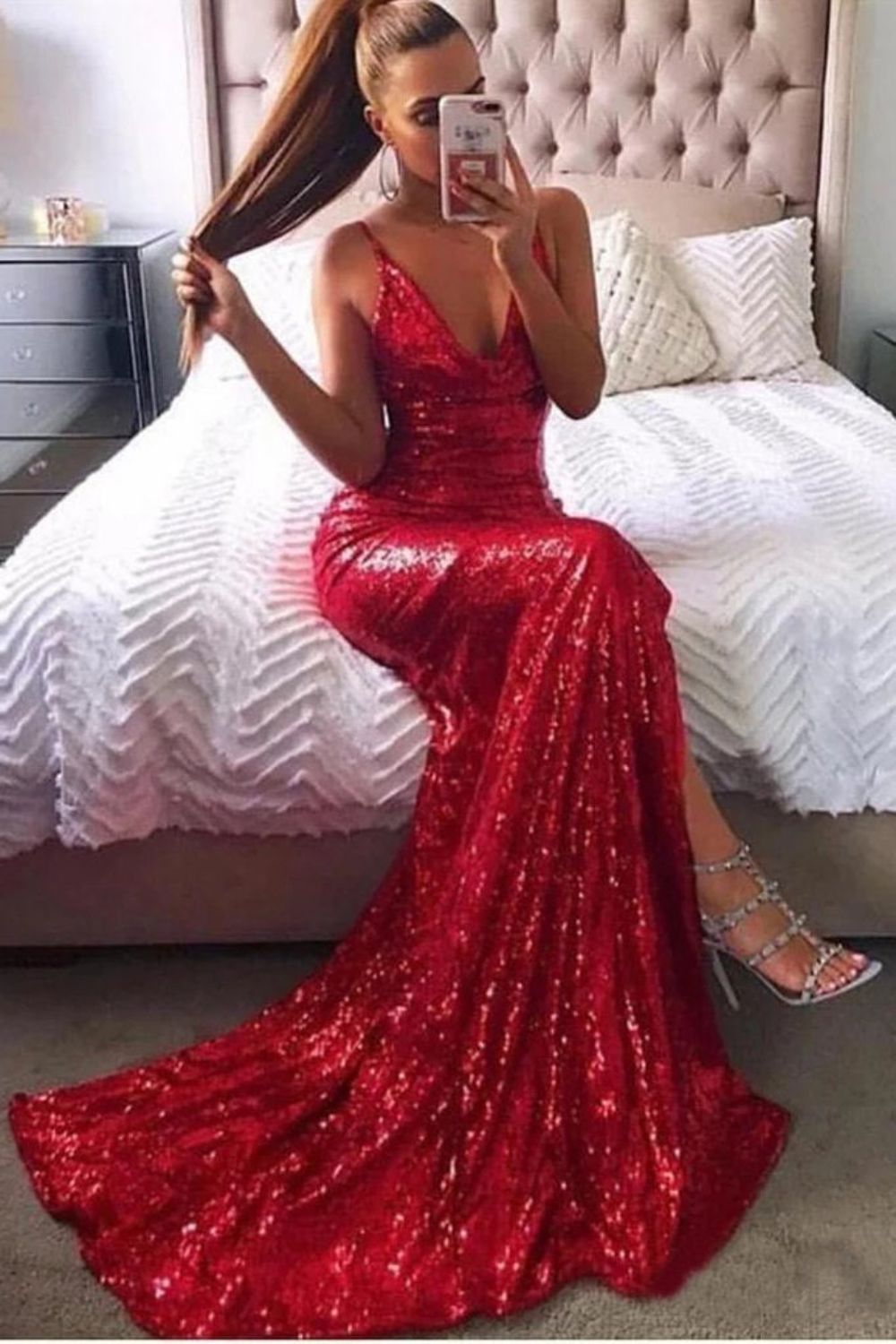 Dressime Sexy Champagne Gold Mermaid Spaghetti Straps Prom Dresses Side Slit Backless Formal Dresses dressime