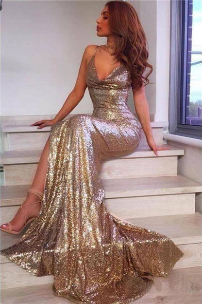 Dressime Sexy Champagne Gold Mermaid Spaghetti Straps Prom Dresses Side Slit Backless Formal Dresses dressime