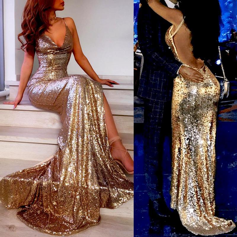 dressimeSexy Champagne Gold Mermaid Spaghetti Straps Prom Dresses Side Slit Backless Formal Dresses 