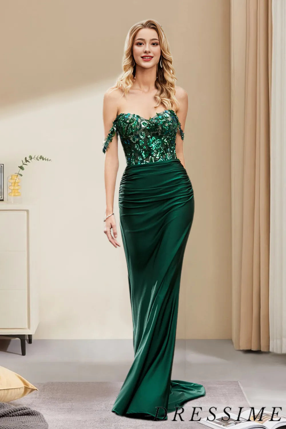 Dressime Sexy Mermaid Off The Shoulder Ruffles Long Prom Dress with Sequins dressime