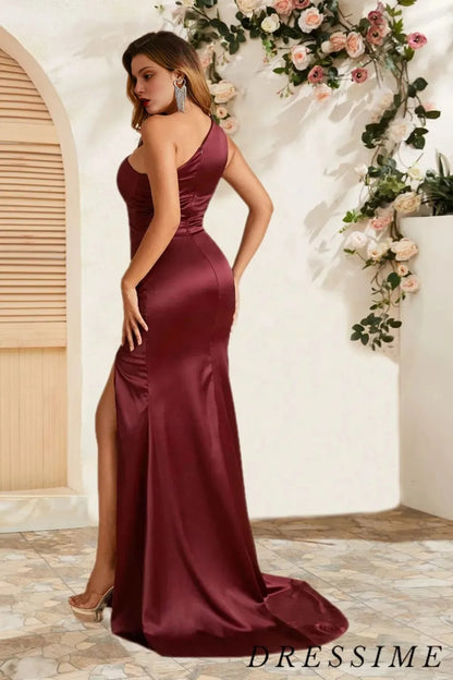 Dressime Sexy Mermaid One Shoulder Satin Long Bridesmaid Dress With Slit dressime