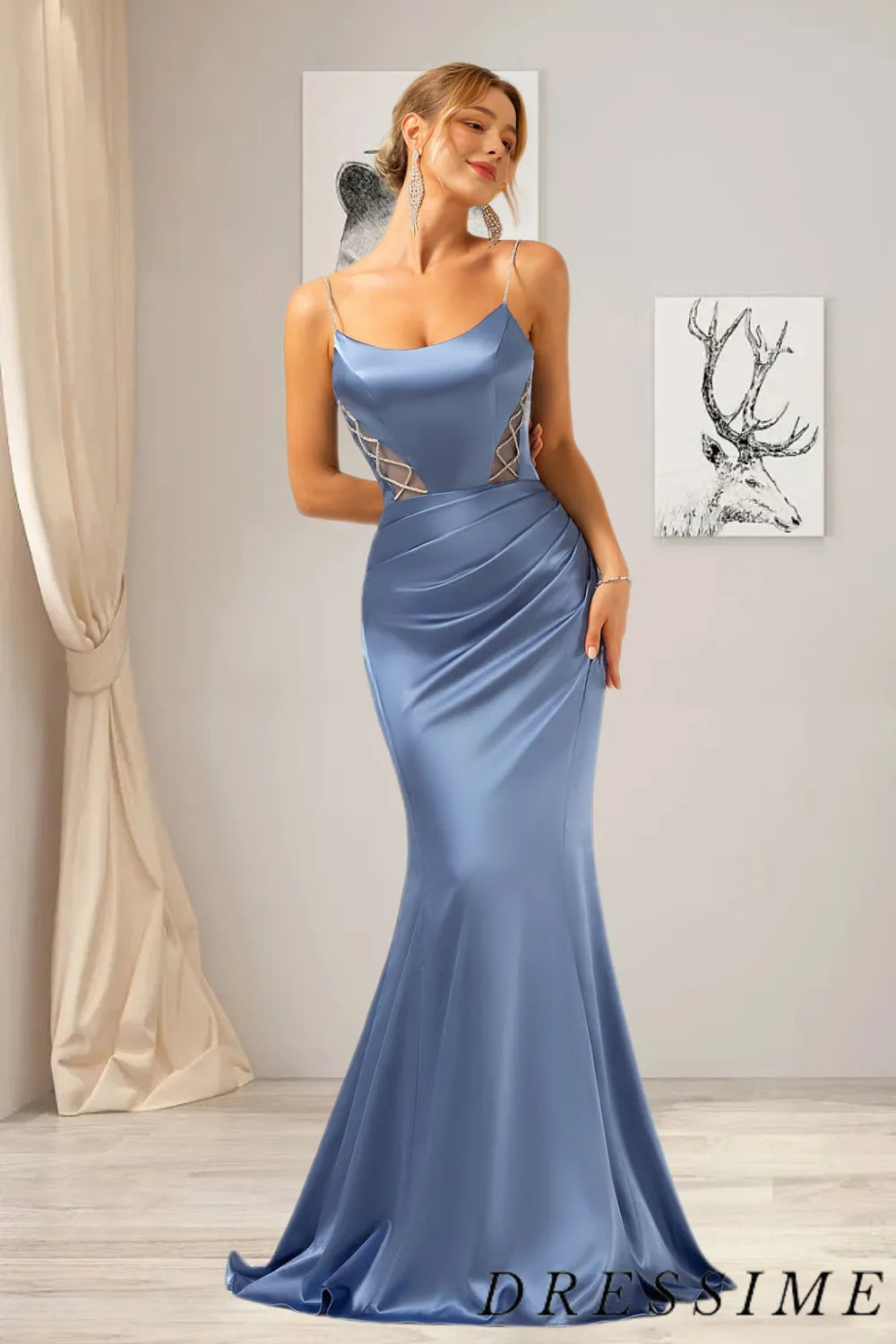 Dressime Sexy Mermaid Spaghetti Straps Satin Pleated Long Prom Dress dressime