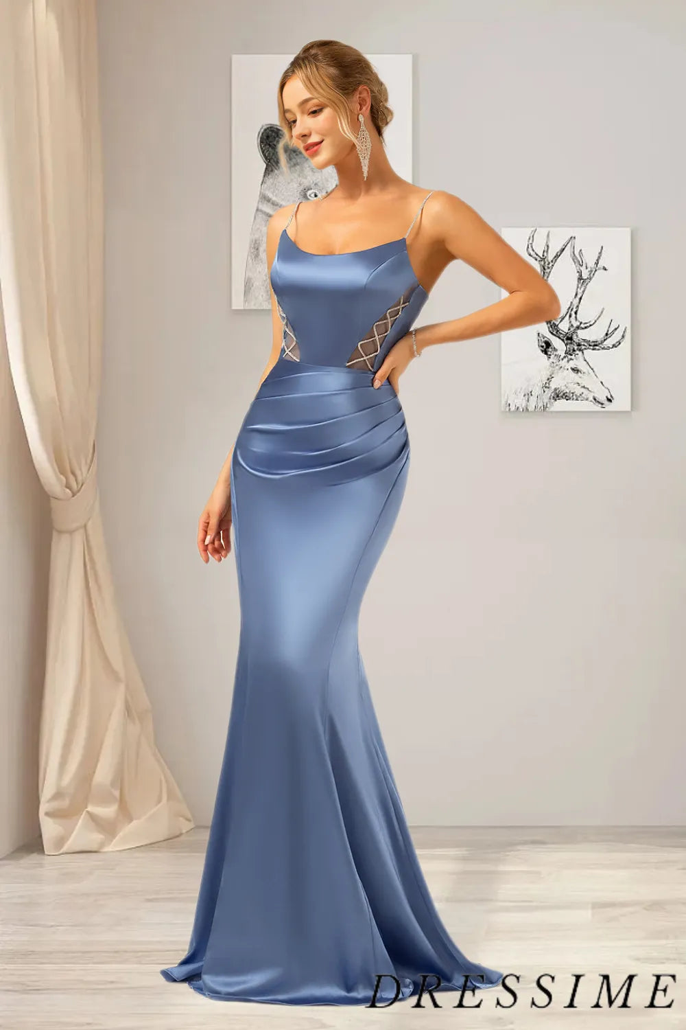 Dressime Sexy Mermaid Spaghetti Straps Satin Pleated Long Prom Dress dressime