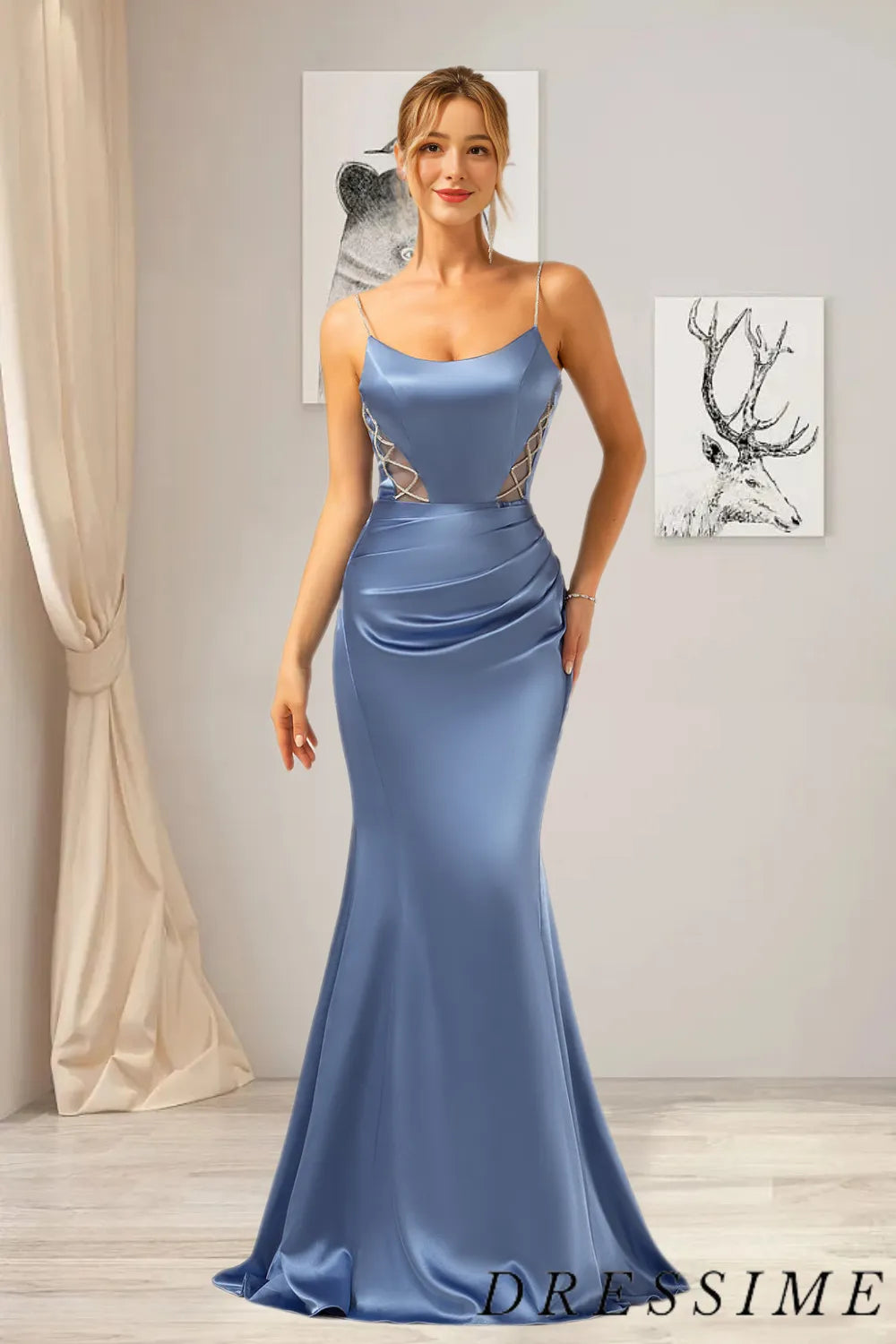 Dressime Sexy Mermaid Spaghetti Straps Satin Pleated Long Prom Dress dressime