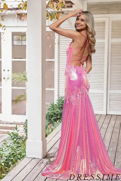 Dressime Sexy Mermaid Spaghetti Straps Sequin Slit Long Prom Dress With Appliques dressime