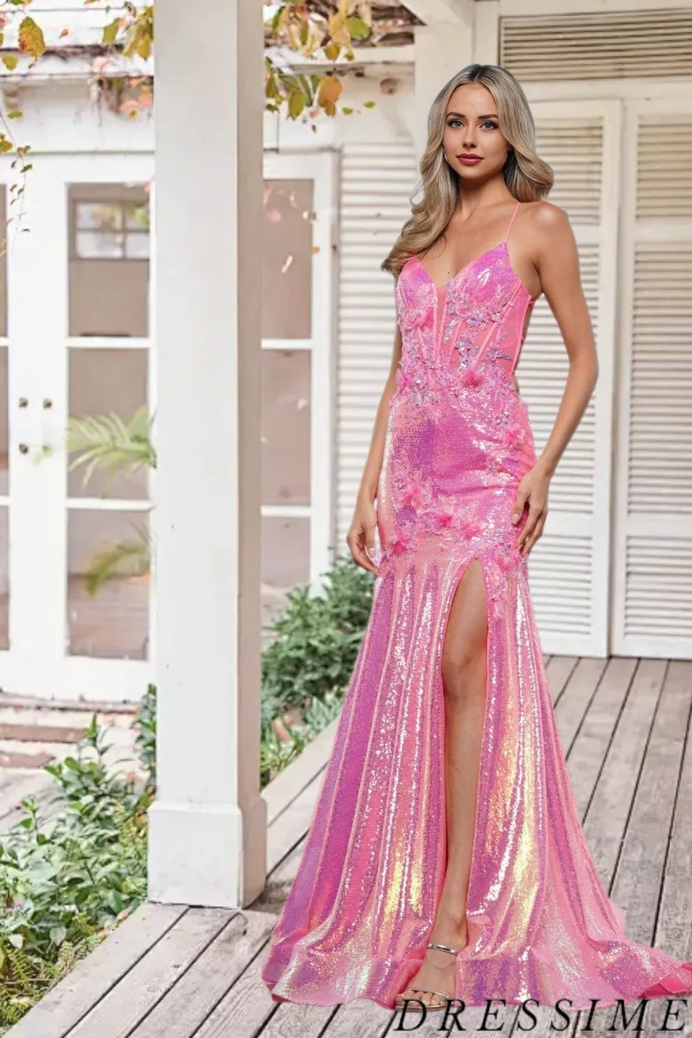 Dressime Sexy Mermaid Spaghetti Straps Sequin Slit Long Prom Dress With Appliques dressime