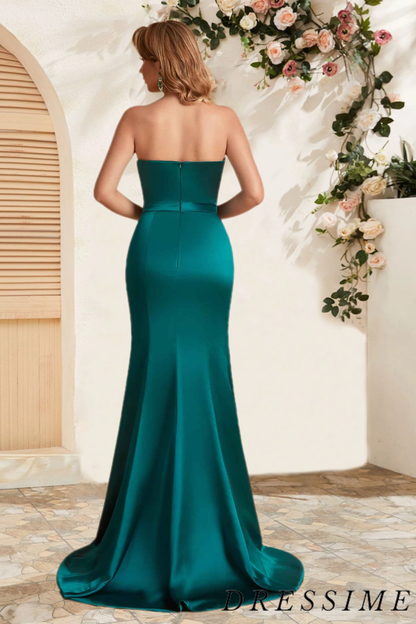 Dressime Sexy Mermaid Strapless Satin Floor Length Bridesmaid Dress With Slit dressime