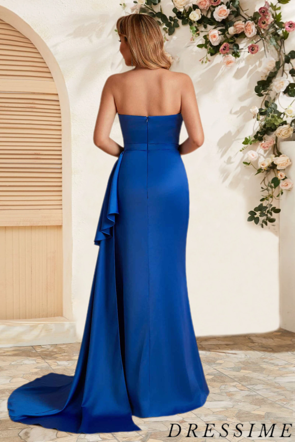 Dressime Sexy Mermaid Strapless Satin Slit Long Bridesmaid Dress With Train dressime