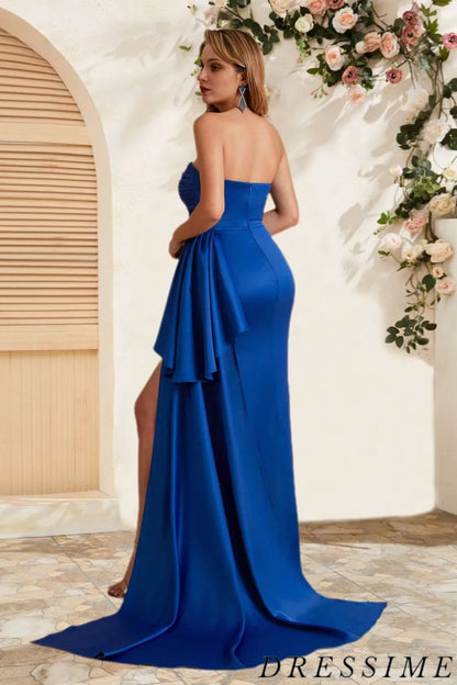 Dressime Sexy Mermaid Strapless Satin Slit Long Bridesmaid Dress With Train dressime