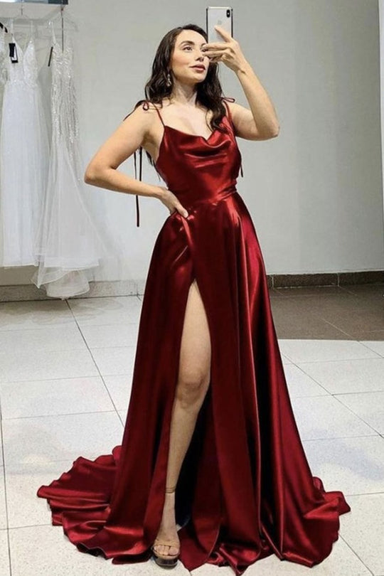 dressimeSexy Satin Spaghetti Straps Sleeveless Split Front Prom Dress 