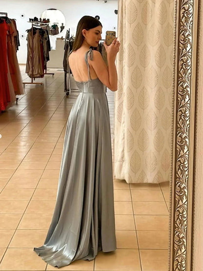 dressimeSexy Satin Spaghetti Straps Sleeveless Split Front Prom Dress 