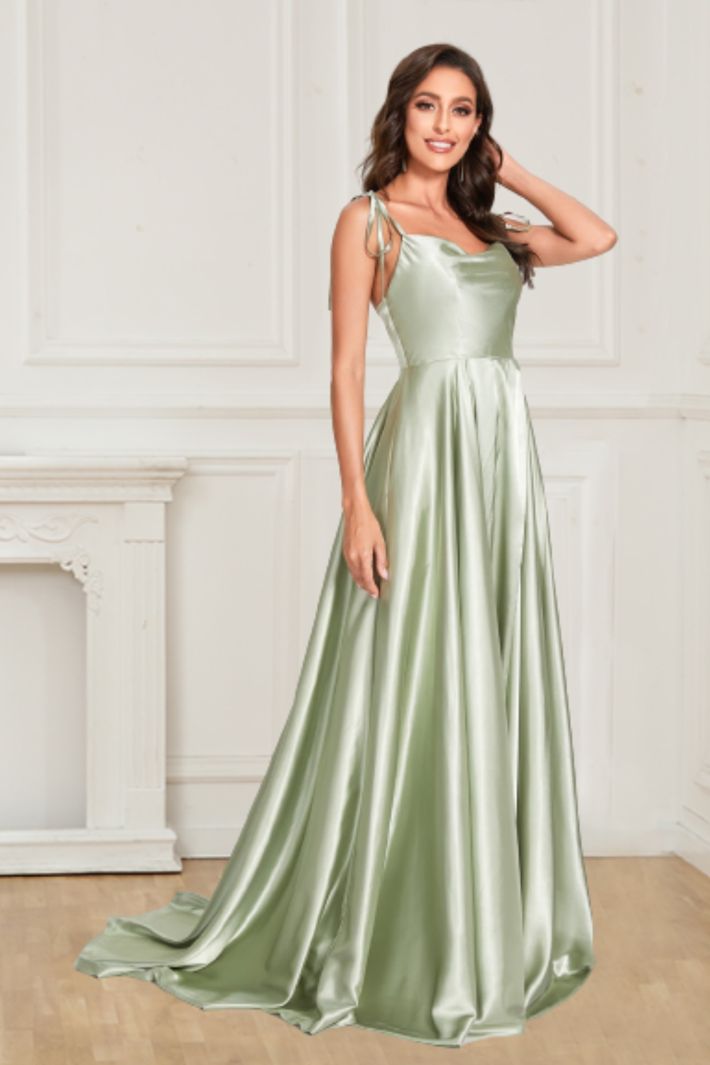 Dressime Sexy Satin Spaghetti Straps Sleeveless Split Front Prom Dress dressime