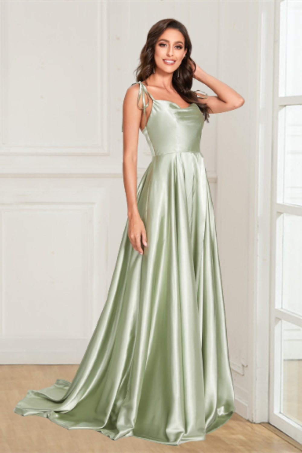 Dressime Sexy Satin Spaghetti Straps Sleeveless Split Front Prom Dress dressime