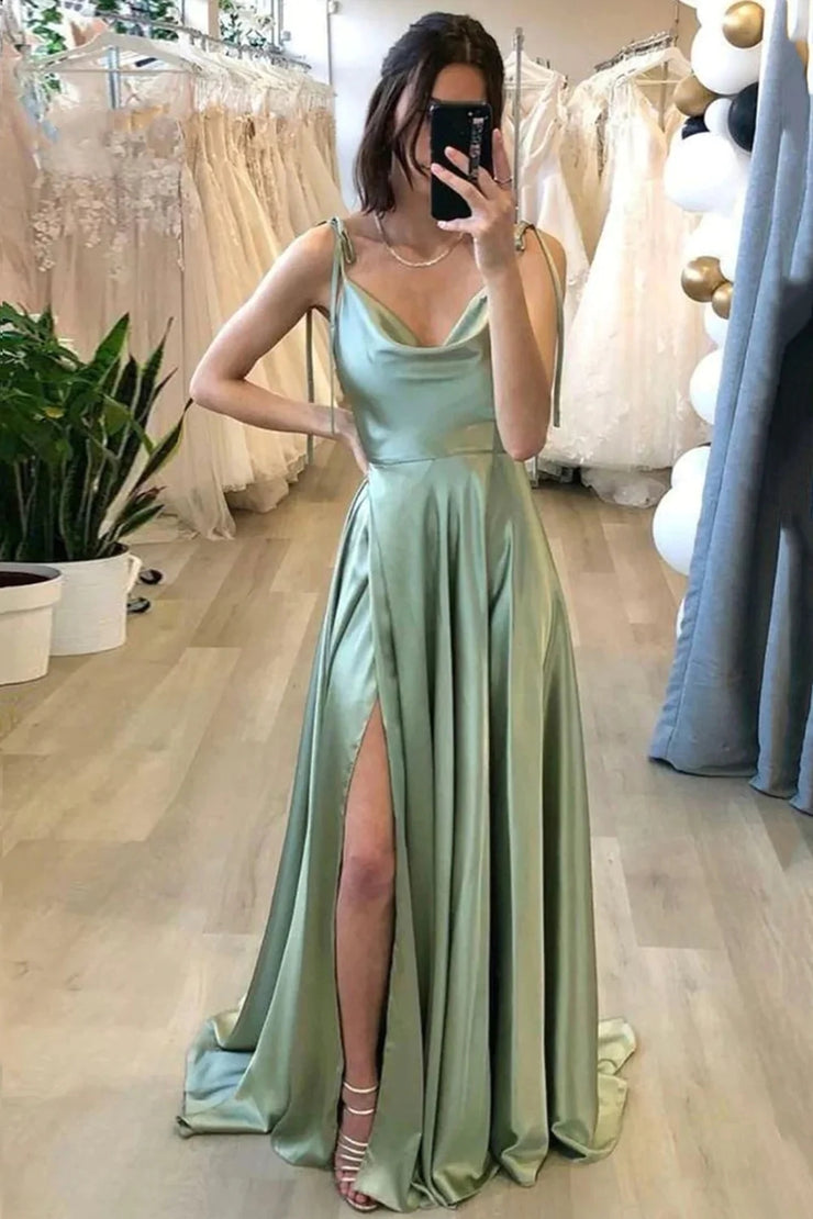 dressimeSexy Satin Spaghetti Straps Sleeveless Split Front Prom Dress 