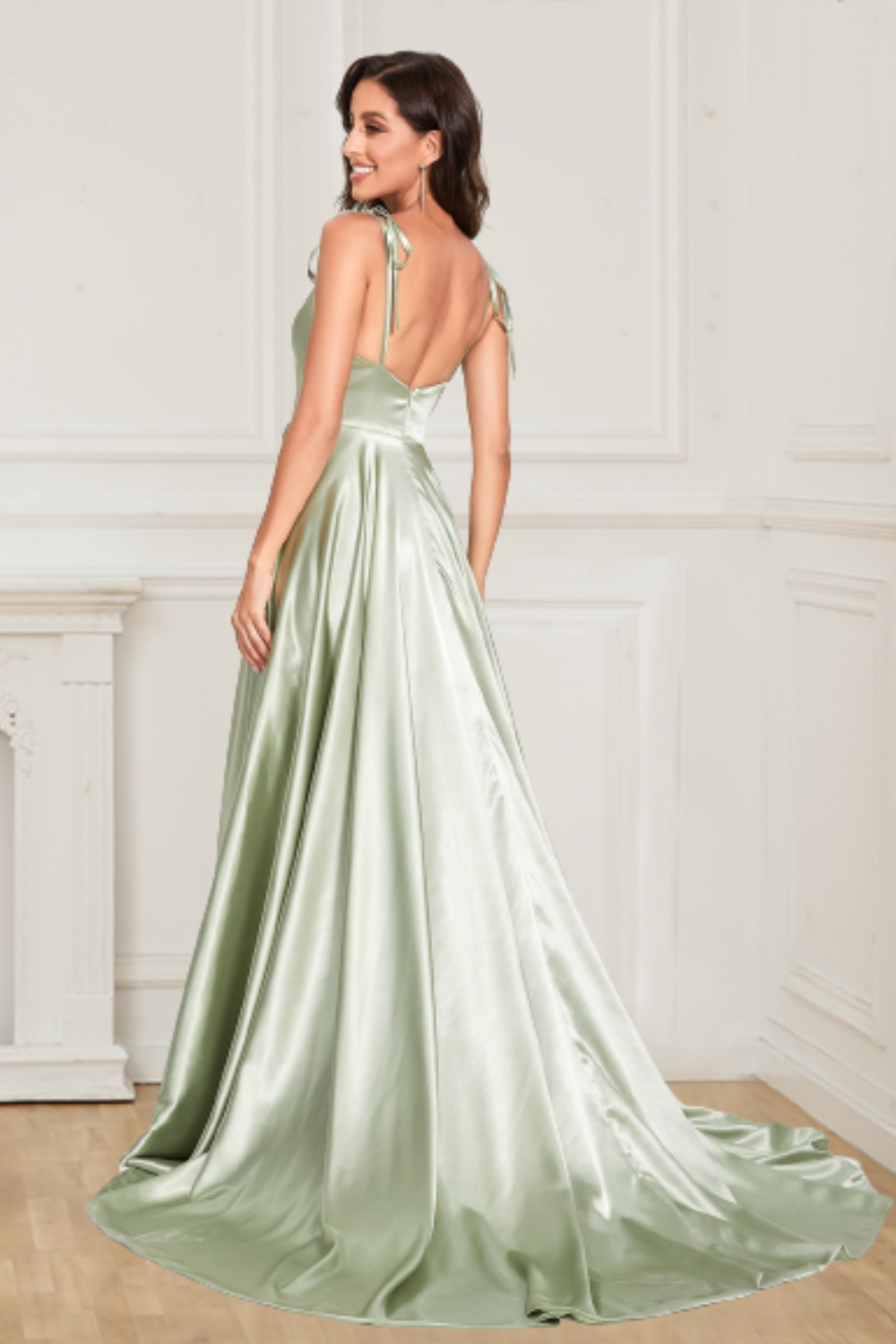 Dressime Sexy Satin Spaghetti Straps Sleeveless Split Front Prom Dress dressime