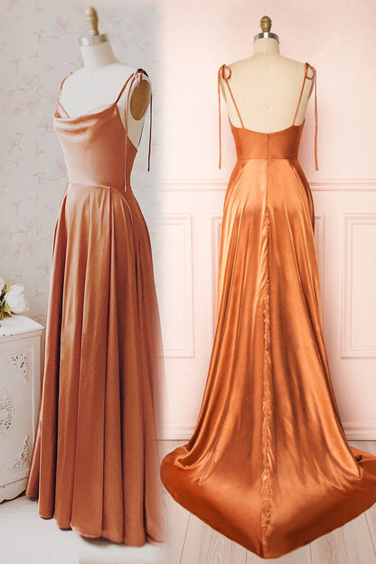 dressimeSexy Satin Spaghetti Straps Sleeveless Split Front Prom Dress 