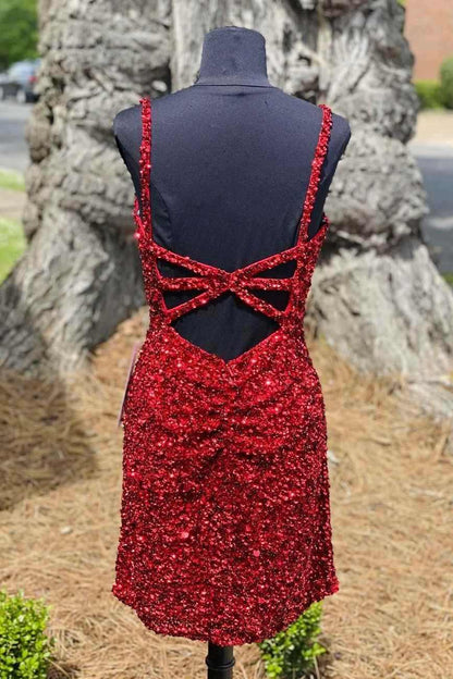 dressimeSexy Sequin Homecoming Dresses Spaghetti Straps Sheath Open Back Short/Mini 