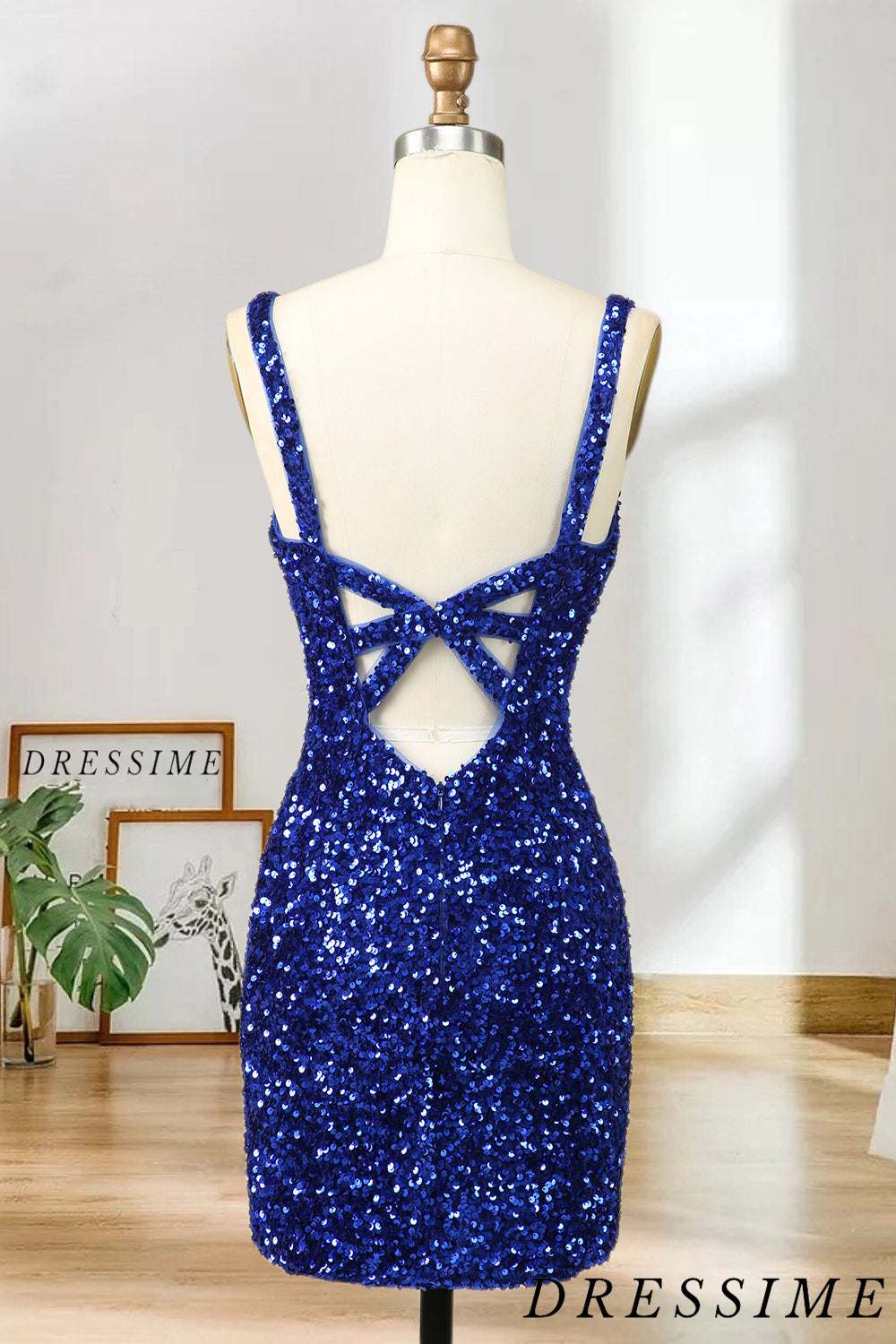 Dressime Sexy Sequin Homecoming Dresses Spaghetti Straps Sheath Open Back Short/Mini dressime