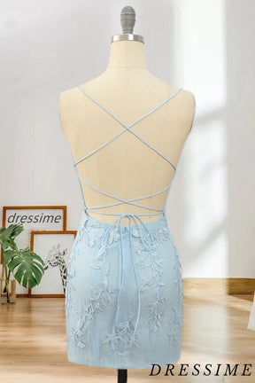 Dressime Sexy Sheath Lace Appliques Spaghetti Straps Homecoming Dresses with Above Length dressime