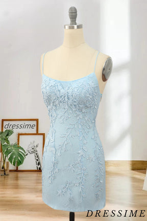 Dressime Sexy Sheath Lace Appliques Spaghetti Straps Homecoming Dresses with Above Length dressime