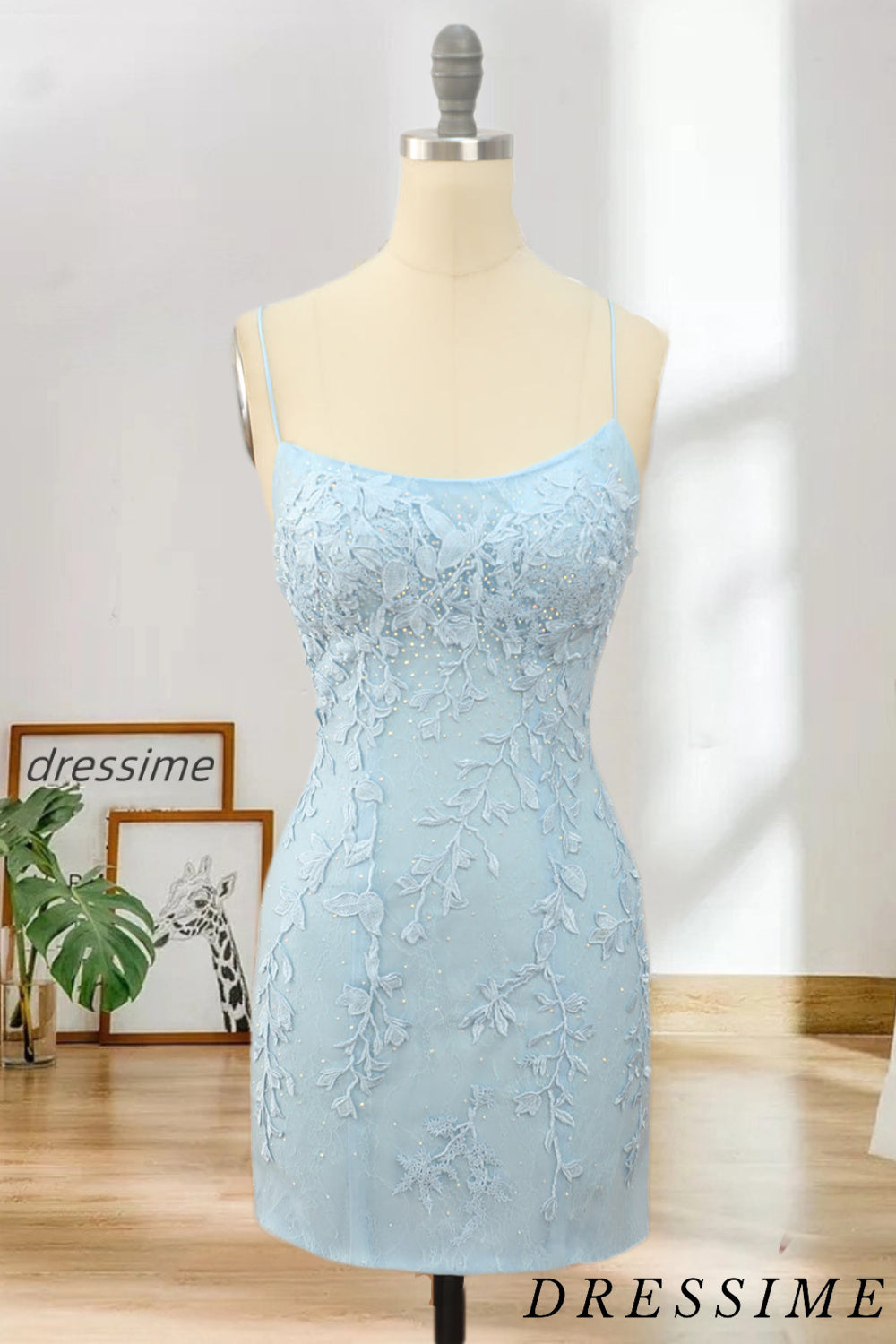 Dressime Sexy Sheath Lace Appliques Spaghetti Straps Homecoming Dresses with Above Length dressime