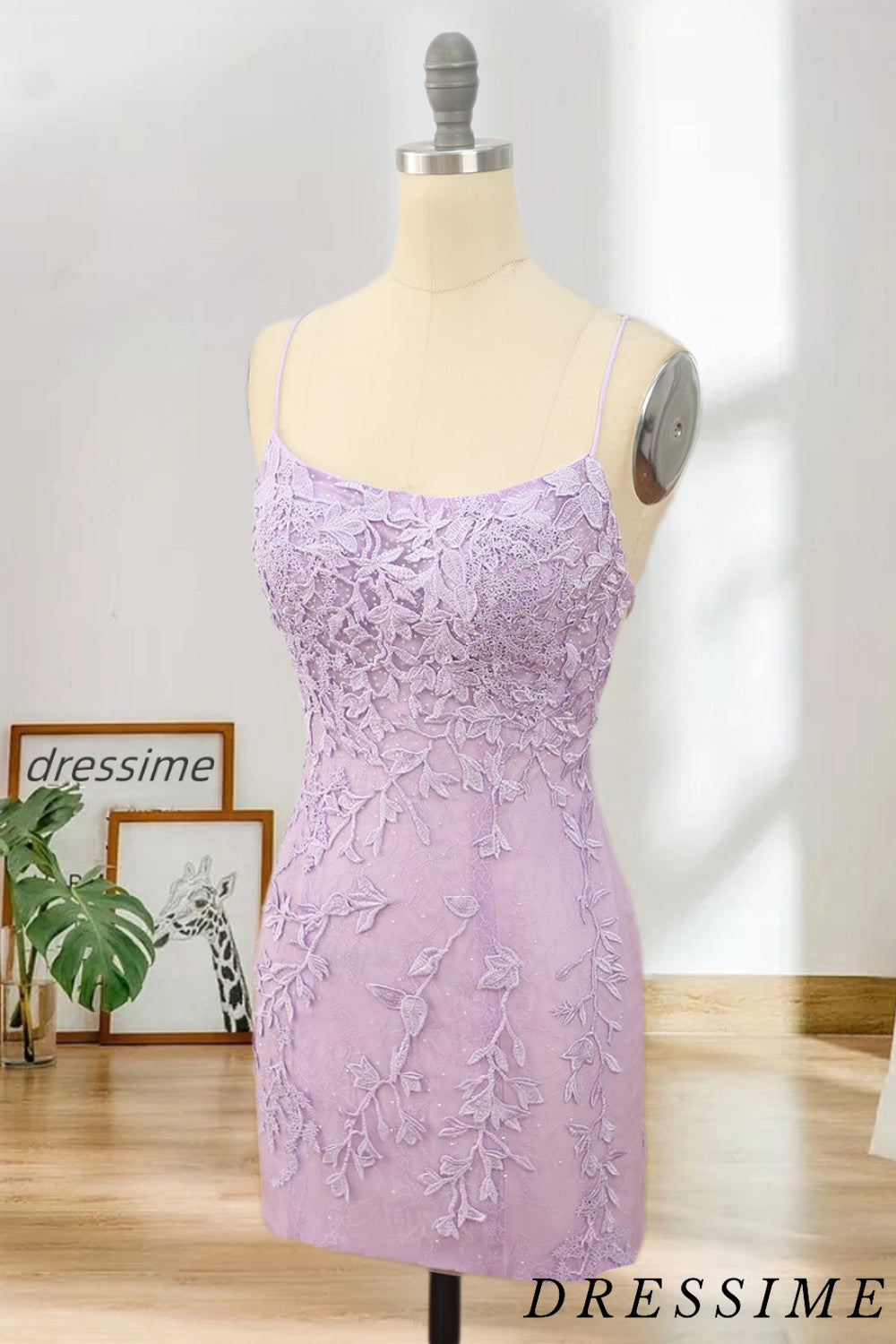 Dressime Sexy Sheath Lace Appliques Spaghetti Straps Homecoming Dresses with Above Length dressime