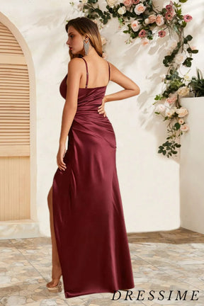 Dressime Sexy Sheath Spaghetti Straps Satin Long Bridesmaid Dress With Slit dressime