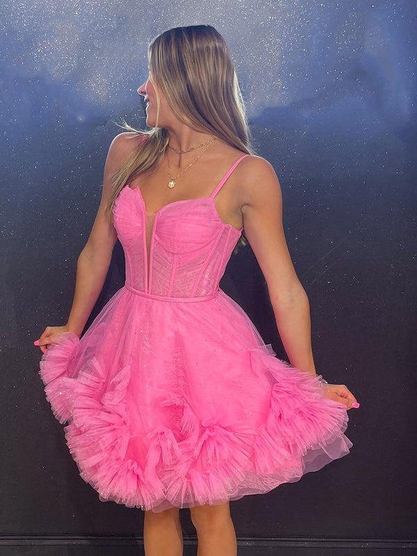 dressimeSexy Short Cute Pink Spaghetti Straps Tulle Mini Junior Backless V-Neck Homecoming Dress 