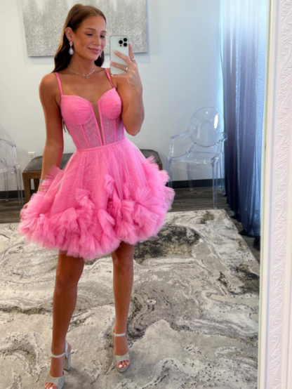 dressimeSexy Short Cute Pink Spaghetti Straps Tulle Mini Junior Backless V-Neck Homecoming Dress 