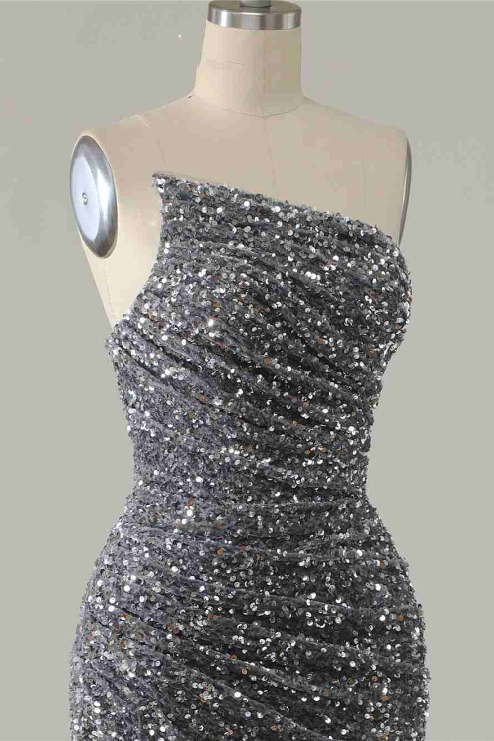 Dressime Sexy Silver Mermaid Strapless Split Prom Dress With Detachable Sleeves dressime