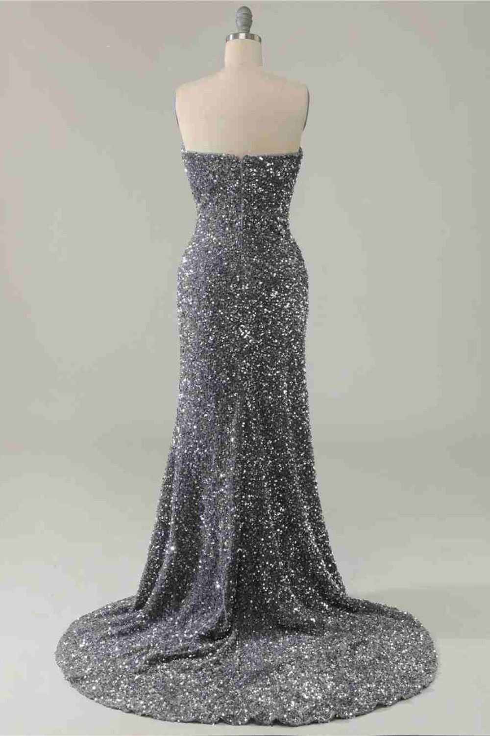 Dressime Sexy Silver Mermaid Strapless Split Prom Dress With Detachable Sleeves dressime