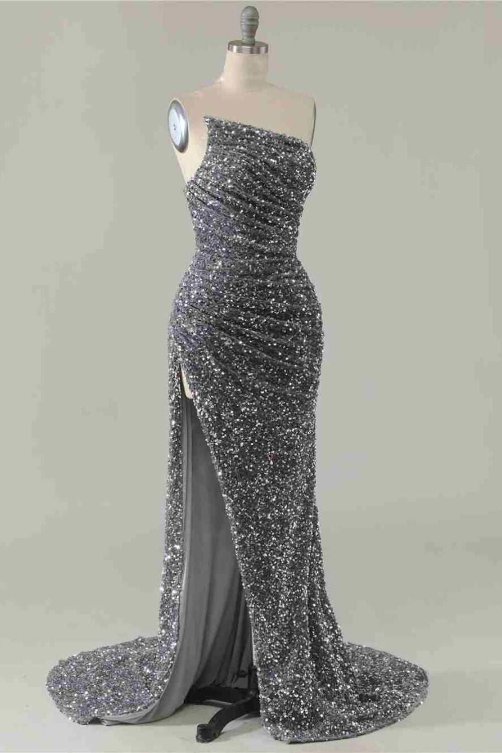 Dressime Sexy Silver Mermaid Strapless Split Prom Dress With Detachable Sleeves dressime