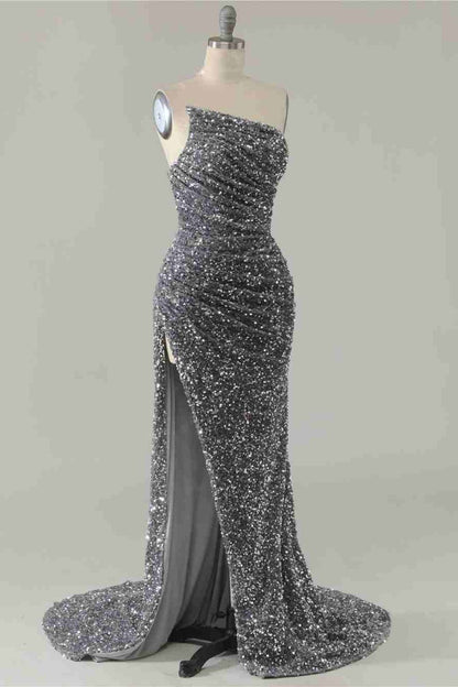 Dressime Sexy Silver Mermaid Strapless Split Prom Dress With Detachable Sleeves dressime