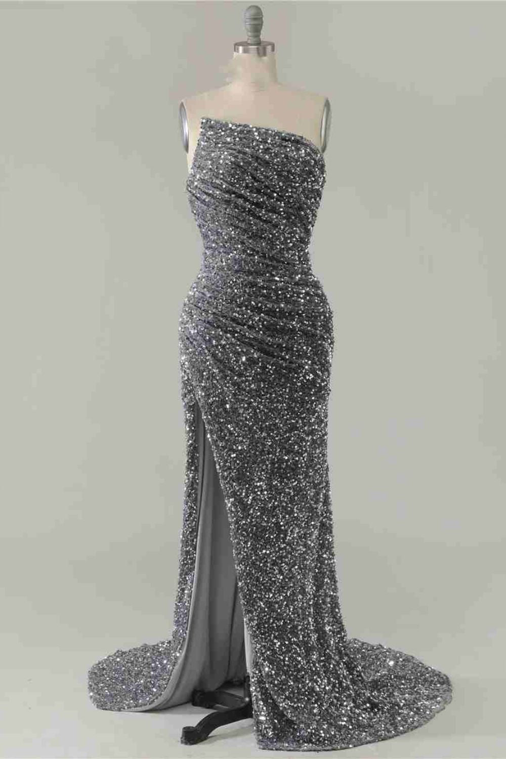 Dressime Sexy Silver Mermaid Strapless Split Prom Dress With Detachable Sleeves dressime