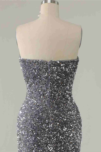 Dressime Sexy Silver Mermaid Strapless Split Prom Dress With Detachable Sleeves dressime