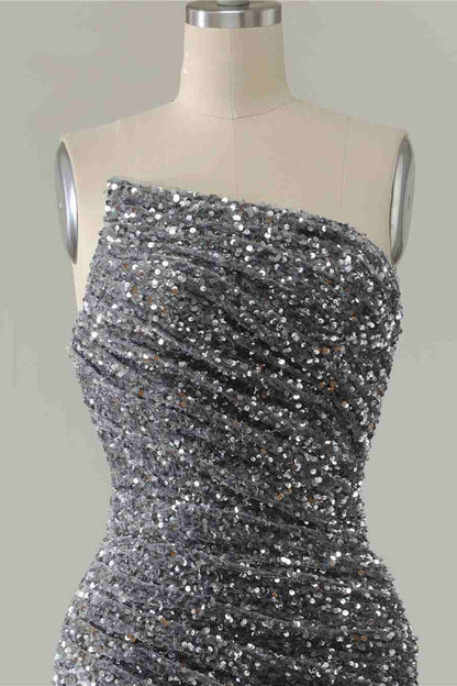 Dressime Sexy Silver Mermaid Strapless Split Prom Dress With Detachable Sleeves dressime