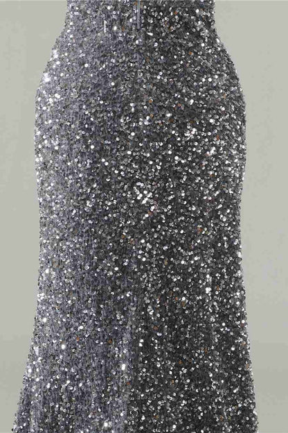 Dressime Sexy Silver Mermaid Strapless Split Prom Dress With Detachable Sleeves dressime