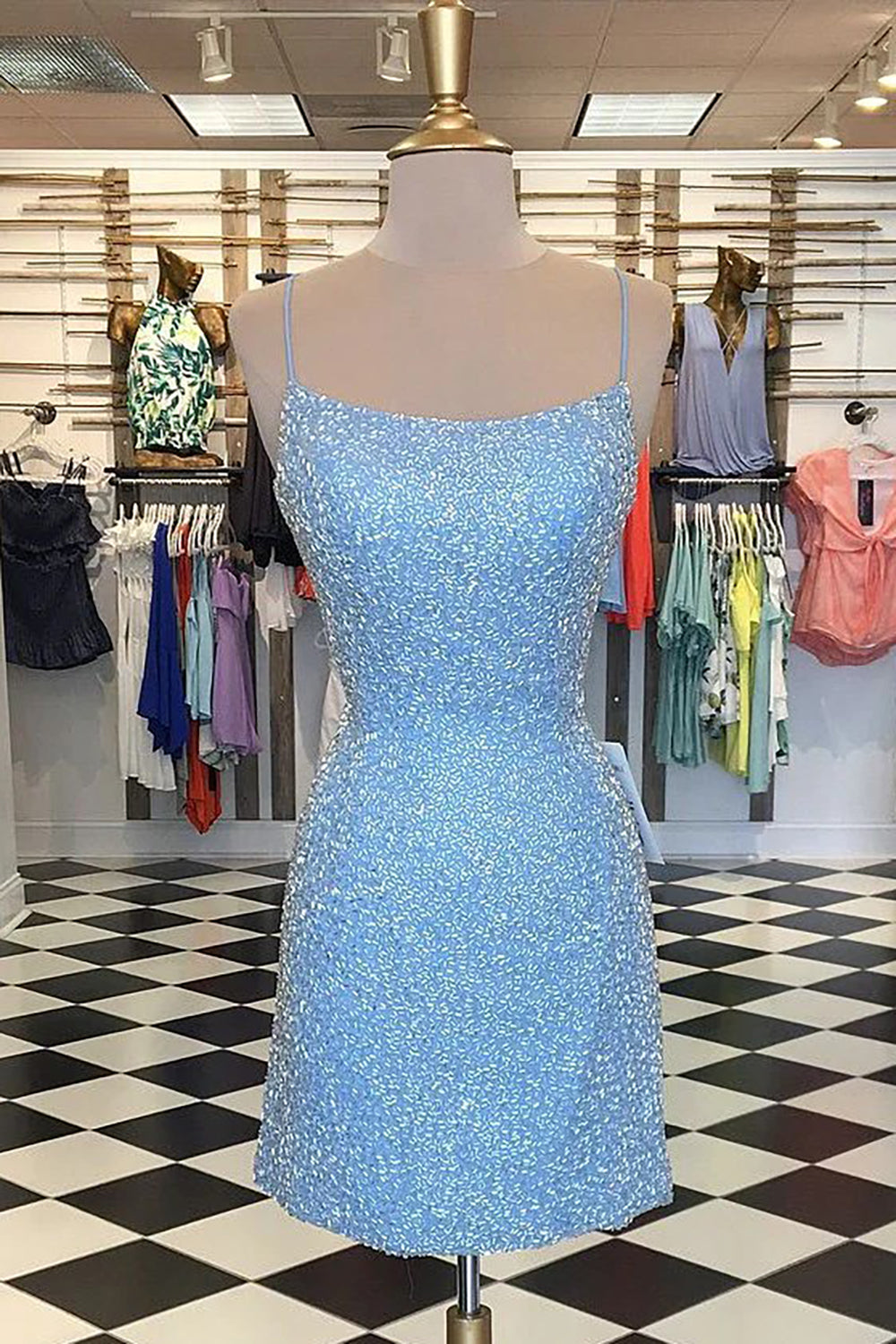 dressimeSexy Spaghetti Straps Sheath Beaded Blue Scoop Criss Cross Homecoming Dresses 