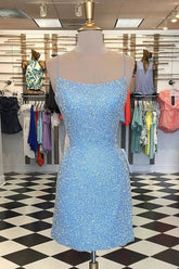 dressimeSexy Spaghetti Straps Sheath Beaded Blue Scoop Criss Cross Homecoming Dresses 