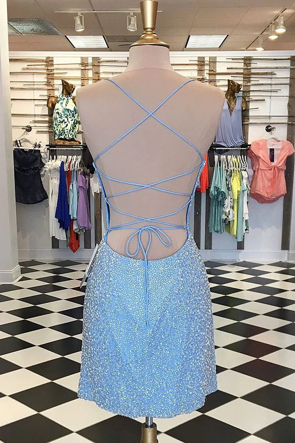 dressimeSexy Spaghetti Straps Sheath Beaded Blue Scoop Criss Cross Homecoming Dresses 