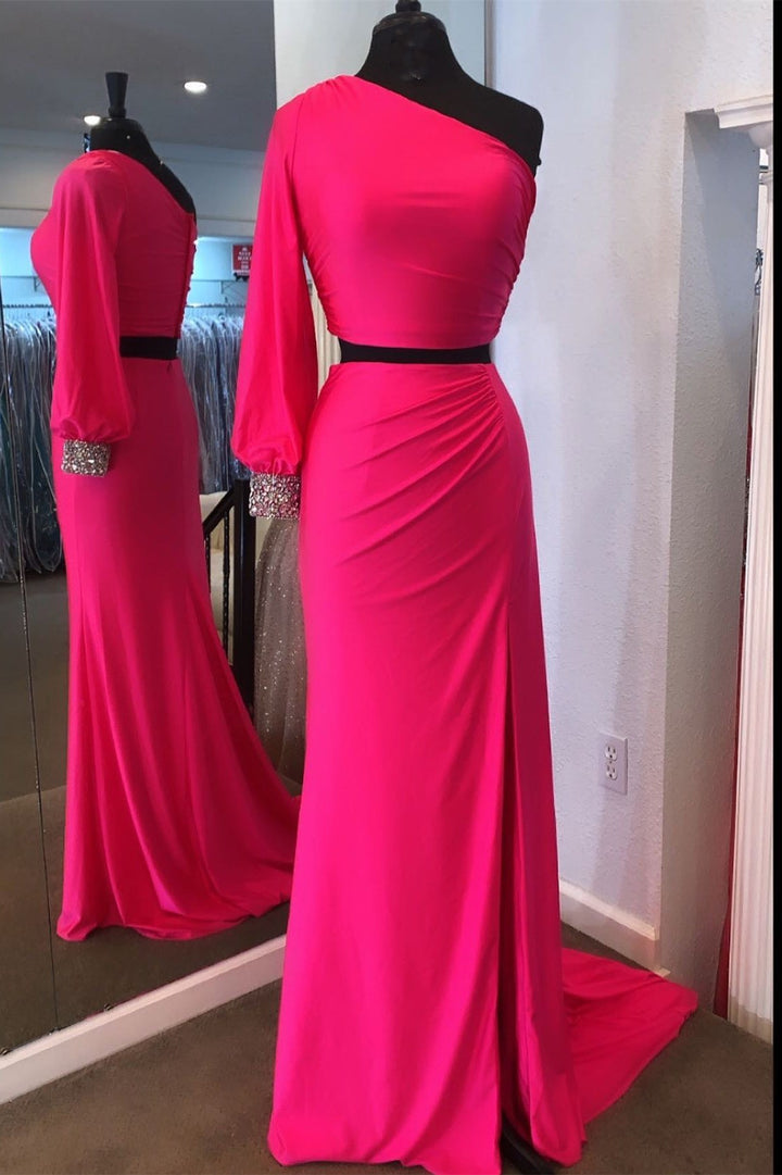 dressimeSexy Two Piece Mermaid Satin One Shoulder Long Sleeves Prom Dress 