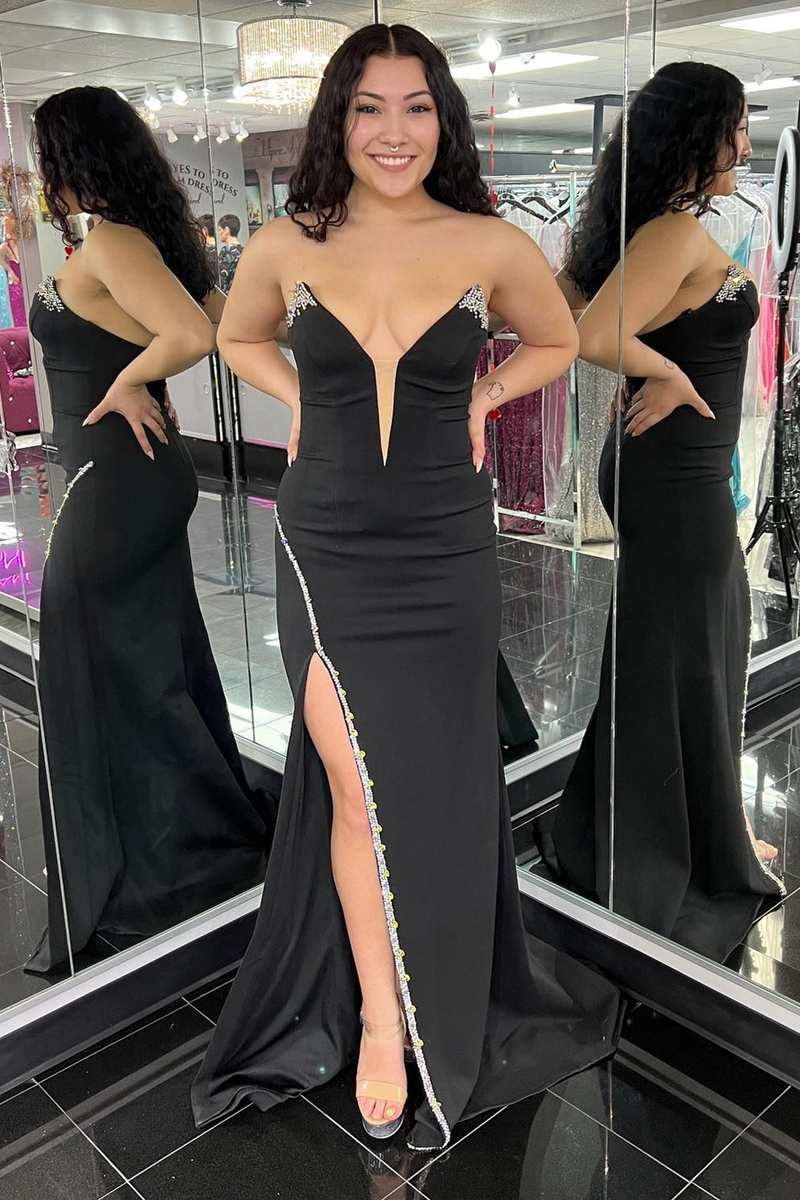 dressimeDressime Sheath Bead-Trimmed Strapless Long Prom Dress with Slit 