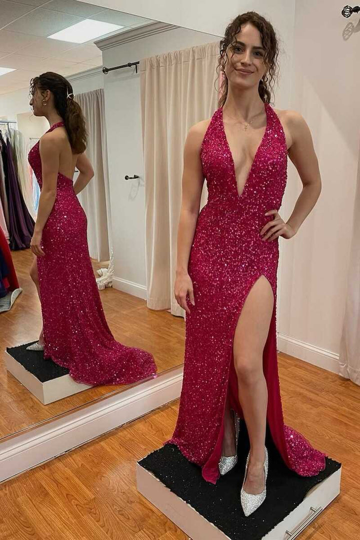 Dressime Sheath Deep V Neck Sequins Long Prom Dresses with Split dressime