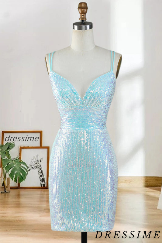 Dressime Sheath Deep V Neck Sleeveless Blue Above-Knee Homecoming Dress Cocktail Dresses With Sequins dressime